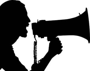 A graphic of a sillouette of a person speaking on a bullhorn.
